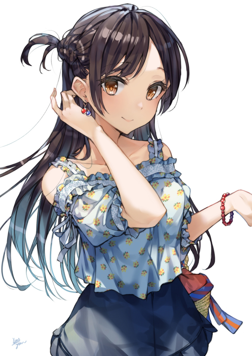 1girl absurdres bangs bare_shoulders basket blue_shirt blue_skirt bracelet breasts brown_eyes brown_hair closed_mouth collarbone earrings eyebrows_visible_through_hair floral_print hand_up highres jewelry kanojo_okarishimasu long_hair mizuhara_chizuru off-shoulder_shirt off_shoulder one_side_up parted_bangs print_shirt puffy_short_sleeves puffy_sleeves shirt short_sleeves signature simple_background skirt small_breasts smile solo takenoko_no_you very_long_hair white_background