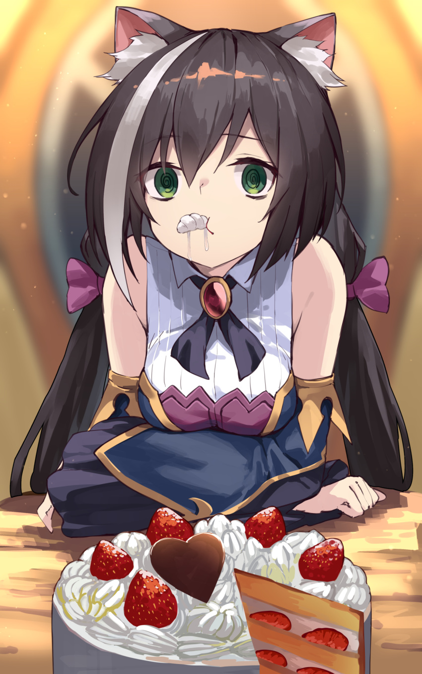 1girl @_@ animal_ear_fluff animal_ears arms_on_table bangs bare_shoulders black_hair blush bow breasts bug cake cat_ears cat_girl commentary_request detached_sleeves elbow_rest food fruit green_eyes hair_bow highres insect karyl_(princess_connect!) long_hair long_sleeves looking_at_viewer low_twintails mouth_hold multicolored_hair princess_connect! princess_connect!_re:dive purple_bow solo strawberry streaked_hair table tail twintails white_hair yuuuuu