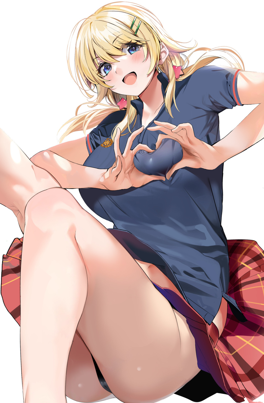 1girl absurdres ahoge bangs blonde_hair blue_eyes blue_shirt blush breasts hachimiya_meguru hair_ornament hairclip heart heart-shaped_boob_challenge heart_hands highres idolmaster idolmaster_shiny_colors large_breasts long_hair looking_at_viewer low_twintails marushin_(denwa0214) open_mouth plaid plaid_skirt polo_shirt red_skirt shirt skirt smile thighs twintails white_background