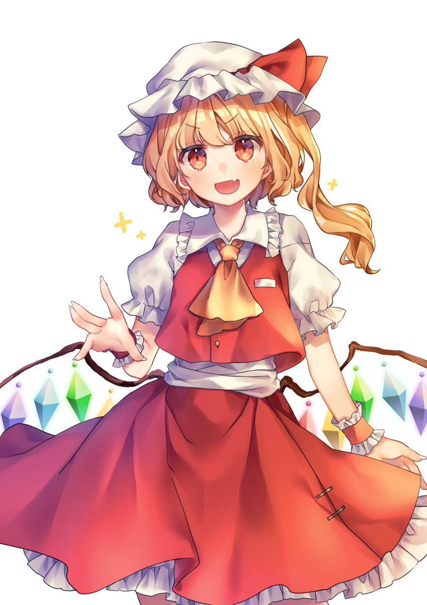1girl :d absurdres aiko_ichigocchi ascot blonde_hair cowboy_shot crystal fang flandre_scarlet frilled_skirt frills hat hat_ribbon highres looking_at_viewer mob_cap open_mouth puffy_short_sleeves puffy_sleeves red_eyes red_vest ribbon short_hair short_sleeves side_ponytail simple_background skin_fang skirt skirt_set smile solo touhou vest white_background wings wrist_cuffs