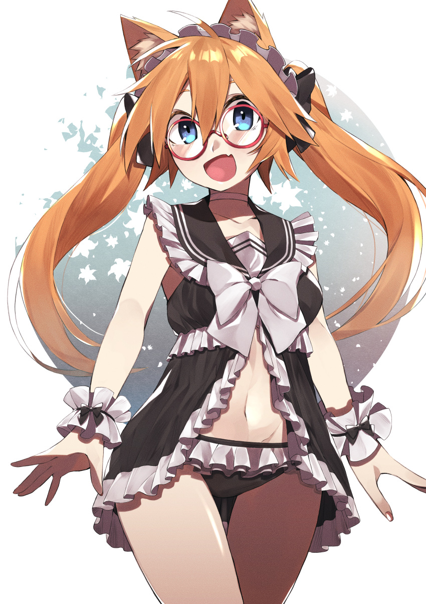 1girl absurdres animal_ears arms_at_sides babydoll black_bow black_panties blue_eyes bow breasts center_opening choker collarbone commentary fang fox_ears frilled_panties frills glasses hair_bow headdress highres huge_filesize kamekiti long_hair looking_at_viewer medium_breasts navel open_mouth original panties red-framed_eyewear red_nails round_eyewear solo twintails underwear white_bow white_choker wrist_cuffs