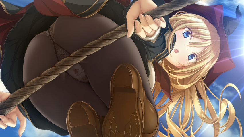 1girl :o ass blonde_hair blue_eyes boots broom broom_riding brown_footwear day eyebrows_visible_through_hair from_below game_cg gusset hat koku light_rays liz_mathers long_hair looking_at_viewer looking_down official_art open_mouth panties panties_under_pantyhose pantyhose seishun_fragile sidesaddle sky solo underwear upskirt witch_hat