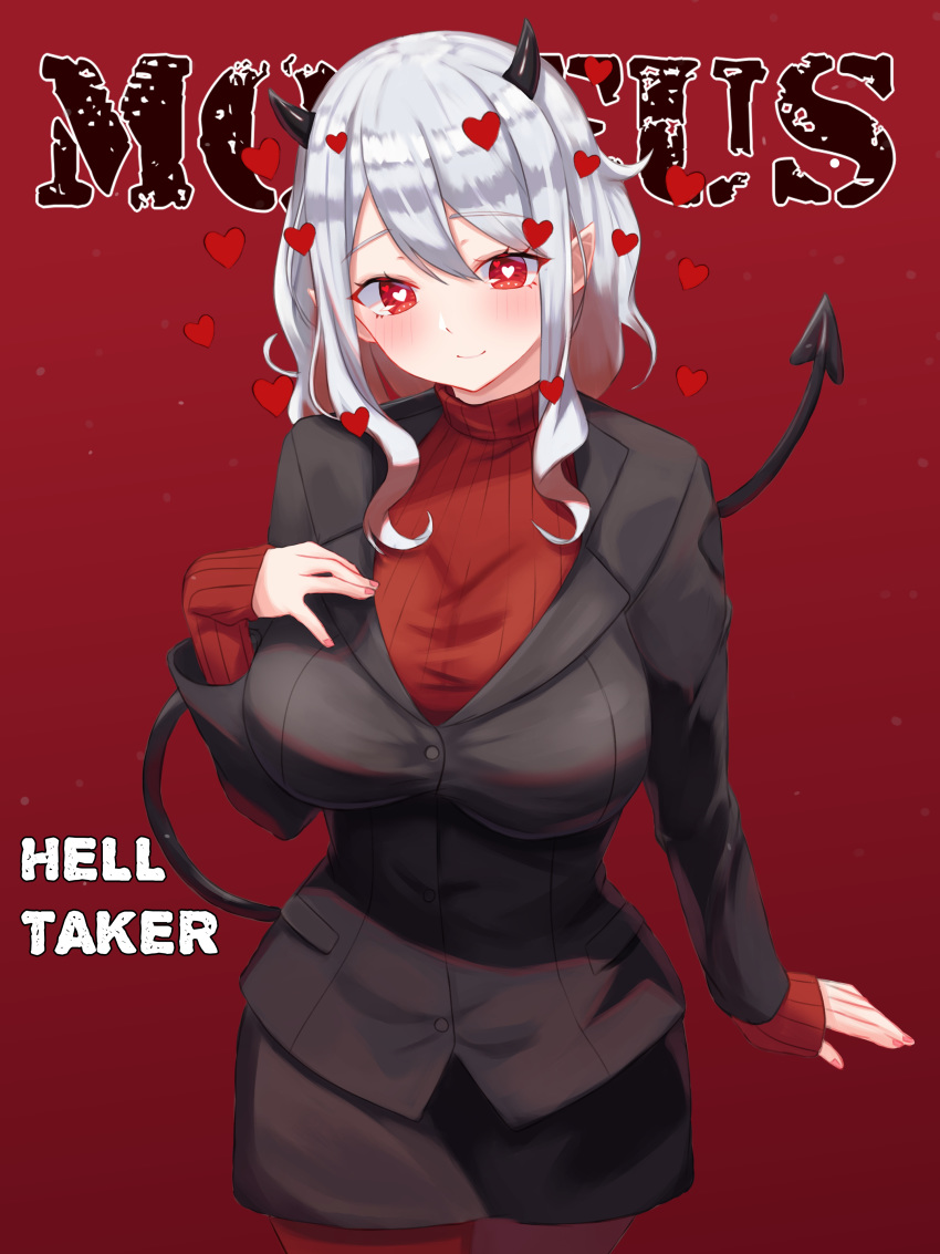 1girl absurdres bangs blush breasts character_name closed_mouth commentary copyright_name cowboy_shot demon_girl demon_horns demon_tail fingernails gradient gradient_background grey_hair hair_between_eyes hand_on_own_chest hand_up heart heart-shaped_pupils helltaker highres horns kano_(wi3028) large_breasts long_hair long_sleeves looking_at_viewer miniskirt modeus_(helltaker) nail_polish pantyhose pointy_ears red_background red_eyes ribbed_sweater sidelocks silver_hair skirt sleeves_past_wrists smile solo sweater symbol-shaped_pupils tail turtleneck