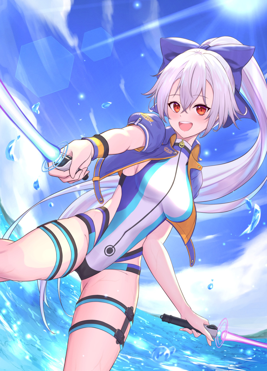1girl bangs blue_bow blue_jacket blue_sky blue_swimsuit blush bow breasts cocoablue23 dual_wielding energy_sword fate/grand_order fate_(series) hair_between_eyes hair_bow highleg highleg_swimsuit highres holding jacket large_breasts lens_flare long_hair looking_at_viewer ocean one-piece_swimsuit open_mouth ponytail red_eyes revision short_sleeves silver_hair sky smile sunlight swimsuit sword thigh_strap thighs tomoe_gozen_(fate/grand_order) tomoe_gozen_(swimsuit_saber)_(fate) two-tone_swimsuit wading weapon white_swimsuit