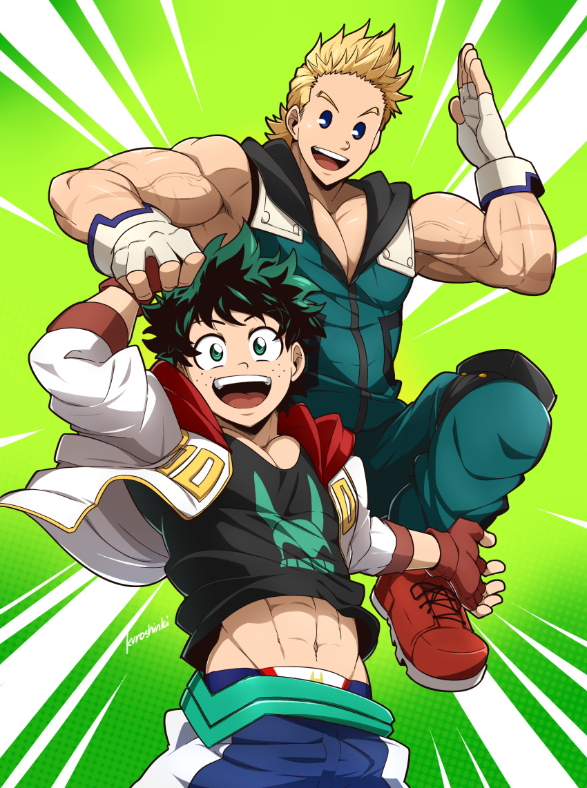 2boys absurdres bara blonde_hair blue_eyes bodysuit boku_no_hero_academia cleavage_cutout cosplay covered_abs freckles gloves green_bodysuit green_eyes green_hair highres holding_hands kuroshinki male_focus midoriya_izuku midoriya_izuku_(cosplay) multiple_boys open_mouth pectorals short_hair smile toned toned_male toogata_mirio toogata_mirio_(cosplay)