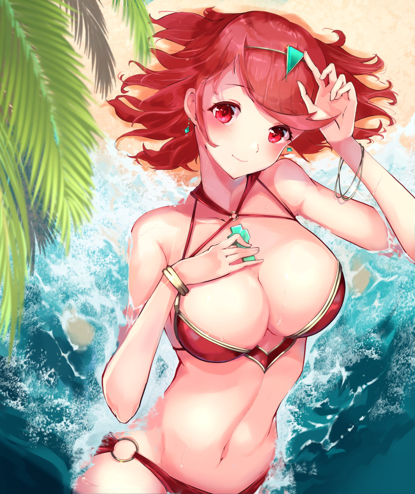 1girl absurdres bangs beach bikini blush bracelet breasts chest_jewel cowboy_shot earrings from_above hand_on_own_chest highres jewelry large_breasts looking_at_viewer lying navel o-ring o-ring_bikini on_back pyra_(xenoblade) red_bikini red_eyes redhead risumi_(taka-fallcherryblossom) short_hair smile solo swept_bangs swimsuit tiara xenoblade_chronicles_(series) xenoblade_chronicles_2