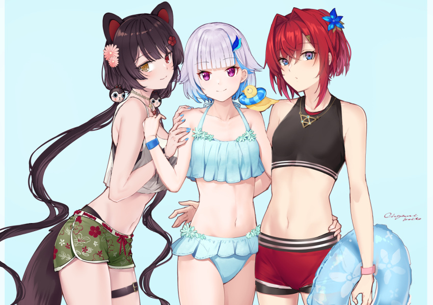 3girls adapted_costume ange_katrina animal_ears animal_on_shoulder artist_name bangs bare_legs bikini bikini_skirt bird bird_on_shoulder black_hair blue_bikini blue_eyes blue_hair blue_nails blunt_bangs blush breasts closed_mouth commentary cowboy_shot crop_top dog_ears dog_hair_ornament dog_tail eyebrows_visible_through_hair floral_print flower frilled_bikini frills green_shorts hair_between_eyes hair_flower hair_ornament hand_on_another's_shoulder heterochromia holding holding_innertube innertube inui_toko jewelry light_blue_background lize_helesta long_hair looking_at_viewer medium_breasts midriff multicolored_hair multiple_girls nail_polish navel necklace nijisanji ogamikeito red_eyes red_shorts redhead sebastian_piyodore short_hair short_shorts shorts signature silver_hair simple_background small_breasts smile sports_bra streaked_hair swimsuit tail tank_top thigh_strap thighs twintails two-tone_hair very_long_hair violet_eyes virtual_youtuber white_tank_top wristband yellow_eyes