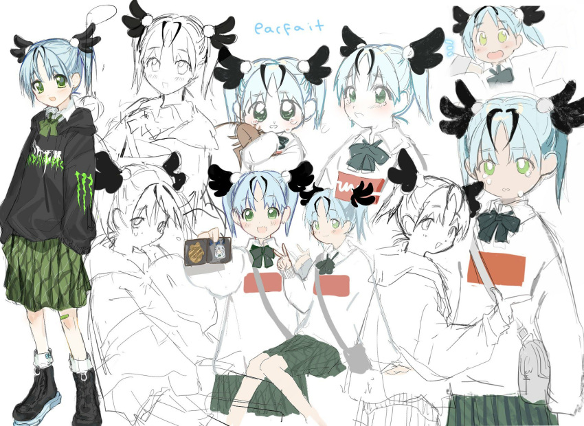 6+girls :d bad_source badge bandaid black_hoodie blue_hair bow bug character_name cockroach collared_shirt crying full_body green_eyes hair_ornament highres insect multicolored_hair multiple_girls open_mouth original parfait_(unxi) parody_request plaid plaid_skirt shirt sketch skirt smile unxi v