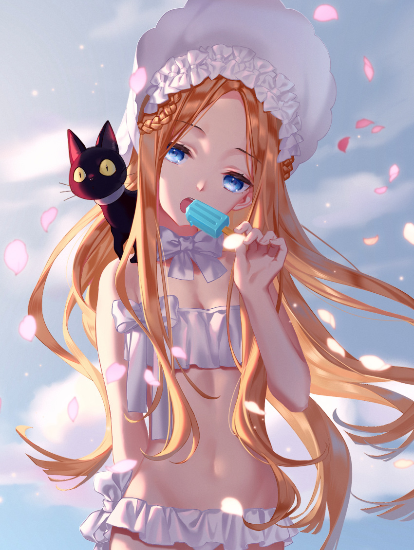 1girl abigail_williams_(fate/grand_order) abigail_williams_(swimsuit_foreigner)_(fate) bangs bare_shoulders bikini black_cat blonde_hair blue_eyes blue_sky bonnet bow braid breasts cat eating fate/grand_order fate_(series) food forehead hair_bow hair_rings highres littleamber long_hair looking_at_viewer miniskirt navel open_mouth parted_bangs petals popsicle sidelocks skirt sky small_breasts swimsuit twin_braids twintails very_long_hair white_bikini white_bow white_headwear