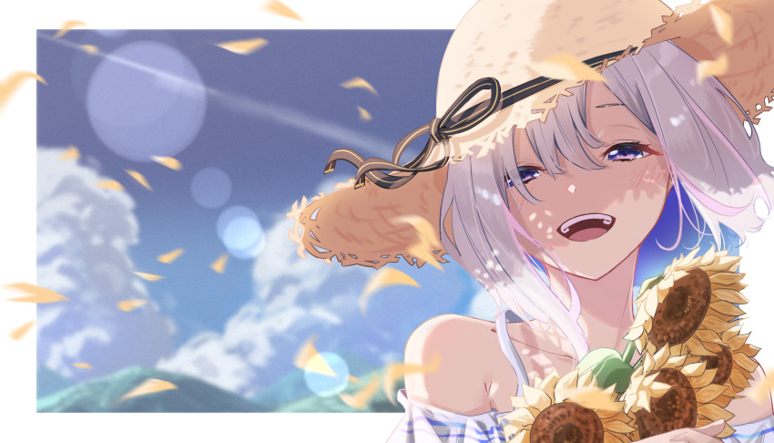 1girl absurdres amane_kanata bangs bare_shoulders blue_eyes blue_sky blush collarbone cropped_background dress flower hair_between_eyes hat hat_ribbon highlights highres holding holding_flower hololive looking_at_viewer multicolored_hair object_hug off-shoulder_dress off_shoulder ooyama_ryou open_mouth outdoors pink_hair ribbon silver_hair sky smile solo straw_hat streaked_hair summer sun_hat sundress sunflower teeth upper_body upper_teeth virtual_youtuber