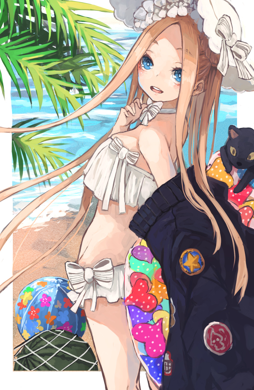 1girl abigail_williams_(fate/grand_order) abigail_williams_(swimsuit_foreigner)_(fate) ball bangs bare_shoulders beach beachball bikini black_cat black_jacket blonde_hair blue_eyes blush bonnet bow braid breasts cat fate/grand_order fate_(series) food forehead fruit hair_bow hair_rings highres jacket long_hair looking_at_viewer looking_back miniskirt navel nyucha ocean off_shoulder open_clothes open_jacket open_mouth palm_tree parted_bangs shore sidelocks skirt small_breasts smile swimsuit thighs tree twin_braids twintails very_long_hair watermelon white_bikini white_bow white_headwear