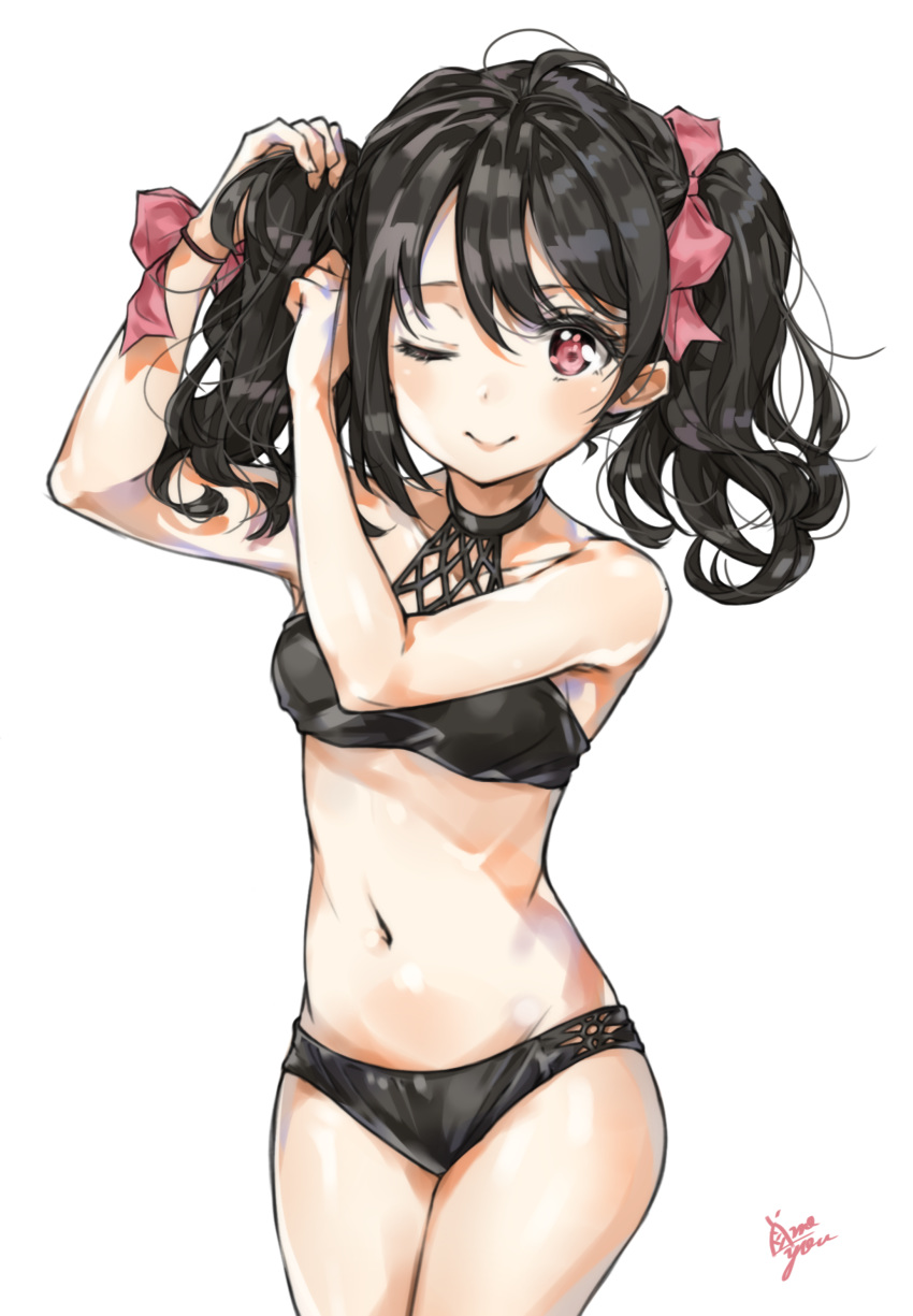 1girl ;) absurdres ahoge bangs bikini black_bikini black_hair bow breasts cowboy_shot hair_bow hair_bow_removed hair_tie halterneck hands_up highres looking_at_viewer love_live! love_live!_school_idol_project navel one_eye_closed pink_bow red_eyes sidelocks signature simple_background small_breasts smile solo swimsuit takenoko_no_you twintails tying_hair wavy_hair white_background wrist_bow yazawa_nico