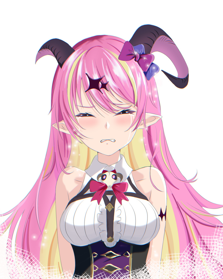 1girl absurdres bare_shoulders blonde_hair blue_bow blush bow breasts chromatic_aberration closed_eyes collared_shirt commentary_request crying demon_horns eyebrows_visible_through_hair hair_between_eyes hair_bow hair_ornament highres hololive horns large_breasts long_hair mano_aloe multicolored_hair ojitan pink_hair pointy_ears purple_bow shirt solo two-tone_hair upper_body virtual_youtuber white_background wing_collar