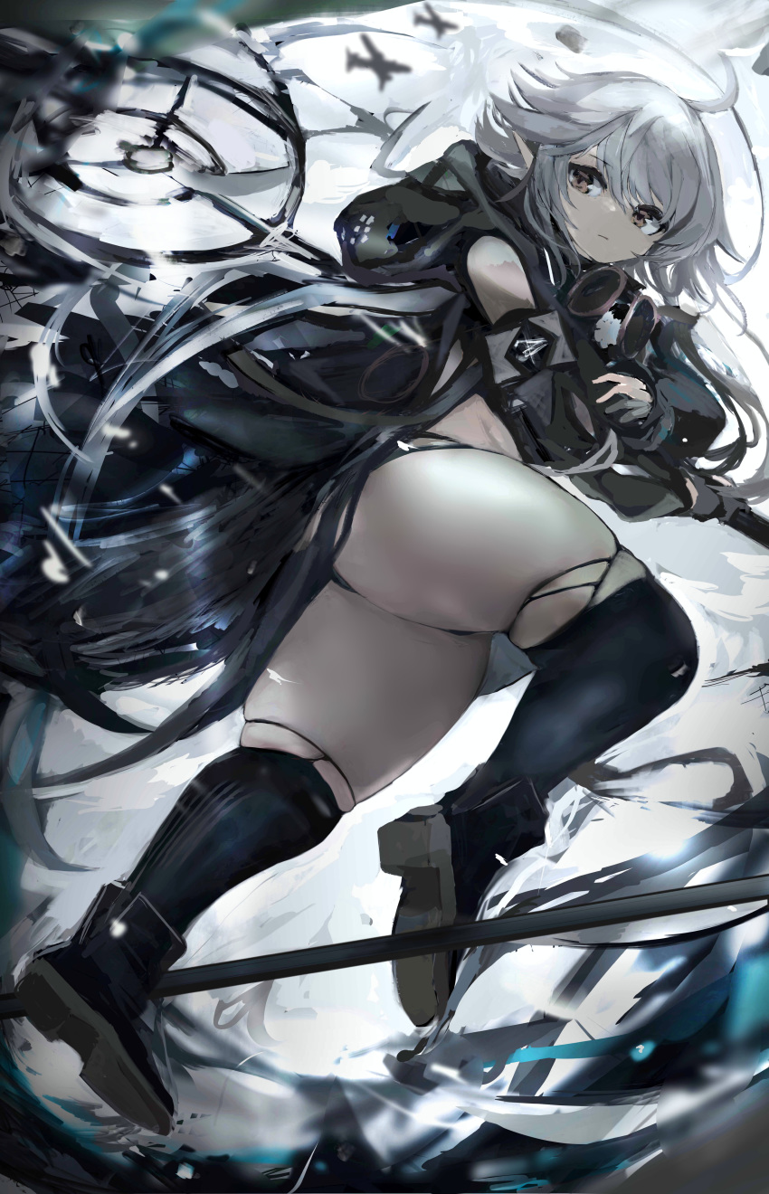 1girl absurdres ahoge arknights bare_shoulders black_footwear black_legwear boots brown_eyes commentary_request highres short_hair silver_hair solo thigh-highs thighs tomimi_(arknights) tuda6