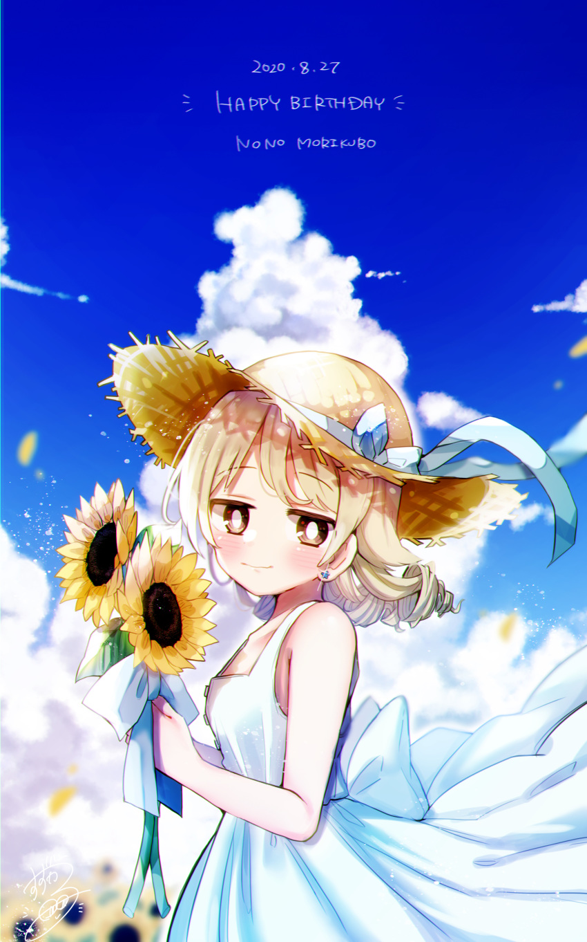 1girl absurdres bare_shoulders blue_sky blush brown_eyes character_name clouds collarbone cowboy_shot dated day dress drill_hair earrings flower from_side happy_birthday hat highres holding holding_flower idolmaster idolmaster_cinderella_girls jewelry morikubo_nono outdoors petals ringlets signature sky sleeveless smile solo straw_hat sun_hat sundress sunflower suzugaeru upper_body white_dress wind