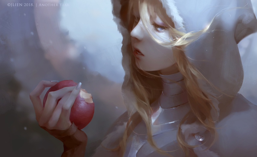 1girl apple armor artist_name blonde_hair blue_eyes breastplate commentary_request face food fruit fur_trim gloves grey_eyes half-closed_eyes holding holding_food holding_fruit hood hood_up jlien- lips long_hair long_sleeves looking_at_viewer lower_teeth open_mouth original parted_lips solo upper_body