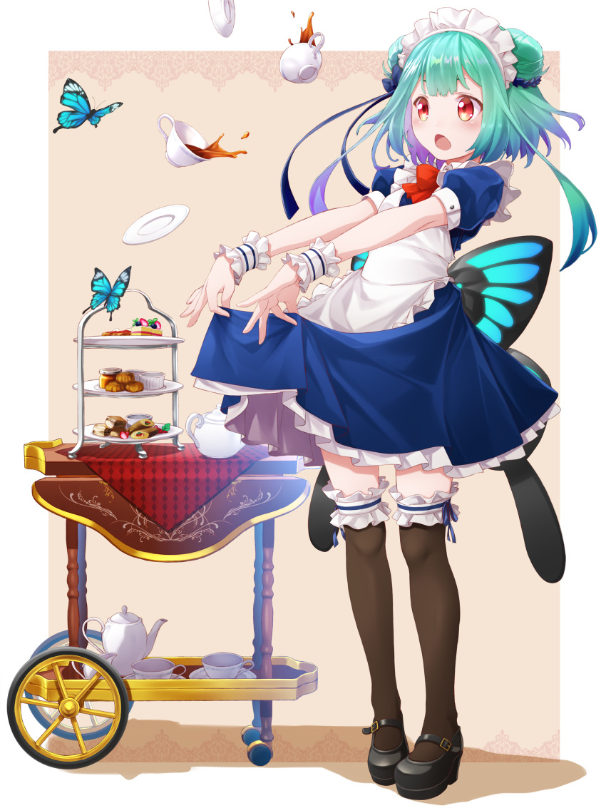 1girl :o absurdres alternate_costume apron bare_arms black_footwear black_legwear blue_dress blush bug butterfly butterfly_wings colored_inner_hair cup double_bun dress dress_lift enmaided fenrir_(fenlil0316) frilled_apron frilled_cuffs frilled_legwear frills gradient_hair green_hair highres hololive insect layered_dress lifted_by_self looking_away low_wings maid maid_apron maid_headdress mary_janes multicolored_hair open_mouth petticoat puffy_short_sleeves puffy_sleeves purple_hair raised_eyebrows red_eyes red_neckwear shoes short_dress short_hair short_hair_with_long_locks short_sleeves sidelocks skirt_hold sleeve_cuffs teacup thigh-highs two-tone_hair uruha_rushia virtual_youtuber white_apron wings wrist_cuffs