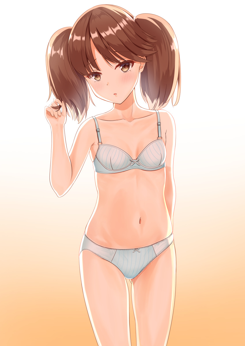 1girl absurdres ass_visible_through_thighs blush bra brown_eyes brown_hair collarbone commentary cowboy_shot eyebrows_visible_through_hair gradient gradient_background highres kantai_collection long_hair navel pants parted_lips ryuujou_(kantai_collection) smile solo twintails underwear white_bra white_pants zuki