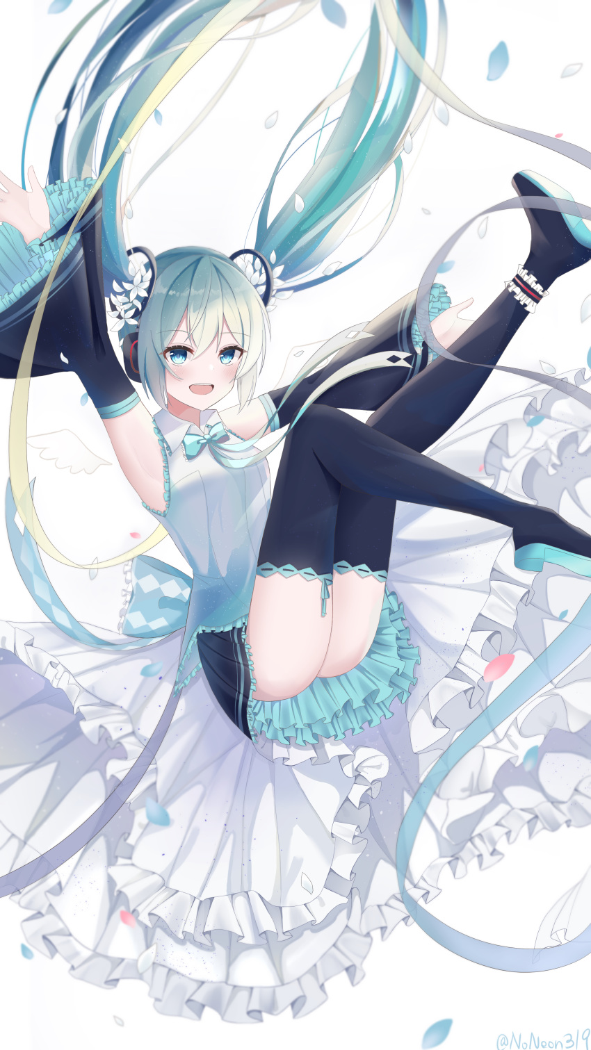 1girl :d absurdres arm_up armpits bangs bare_shoulders black_footwear black_legwear black_skirt black_sleeves blue_bow blue_eyes blush boots bow collared_shirt commentary_request eyebrows_visible_through_hair frilled_skirt frills green_hair hair_between_eyes hatsune_miku highres leg_up long_hair long_sleeves looking_at_viewer noneon319 open_mouth outstretched_arm petals pleated_skirt shirt shoe_soles simple_background skirt sleeveless sleeveless_shirt smile solo thigh-highs thigh_boots twintails twitter_username upper_teeth very_long_hair vocaloid white_background white_shirt wide_sleeves