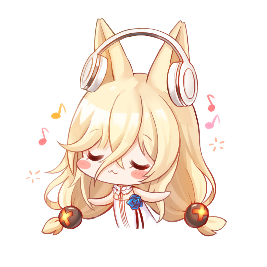 1girl :3 animal_ears bangs bare_arms bare_shoulders big_head blonde_hair blue_flower blue_rose blush_stickers chibi closed_eyes closed_mouth commentary_request cropped_torso dress eighth_note eyebrows_visible_through_hair flower g41_(girls_frontline) girls_frontline hair_between_eyes hair_ornament headphones highres honyang long_hair musical_note rose simple_background sleeveless sleeveless_dress solo upper_body very_long_hair white_background white_dress