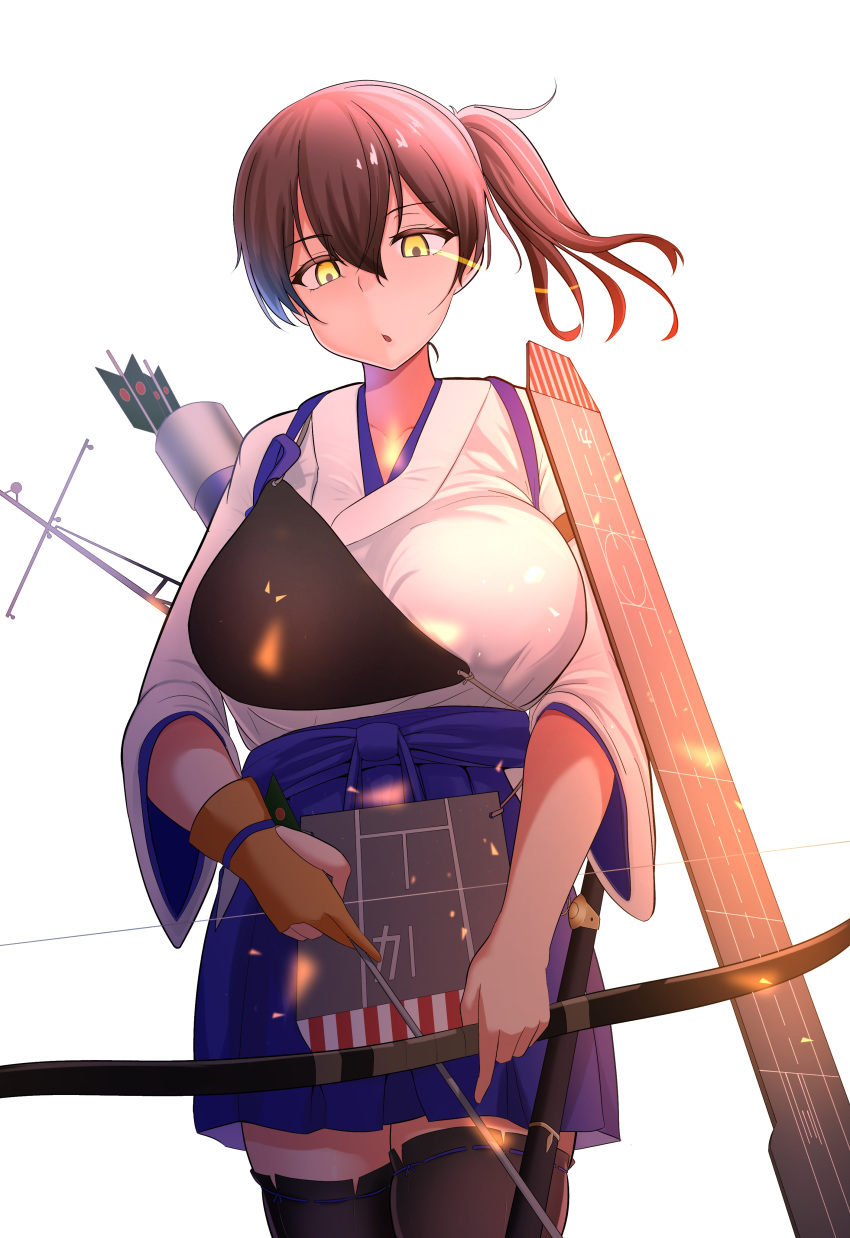 1girl absurdres arrow_(projectile) black_legwear blue_hakama bow_(weapon) breasts brown_eyes brown_hair cowboy_shot flight_deck gloves glowing glowing_eyes hakama hakama_skirt highres holding holding_bow_(weapon) holding_weapon japanese_clothes kaga_(kantai_collection) kantai_collection large_breasts long_hair muneate partly_fingerless_gloves remodel_(kantai_collection) short_sidetail side_ponytail simple_background single_glove solo standing tasuki thigh-highs user_wkgs2522 weapon white_background yugake yumi_(bow)