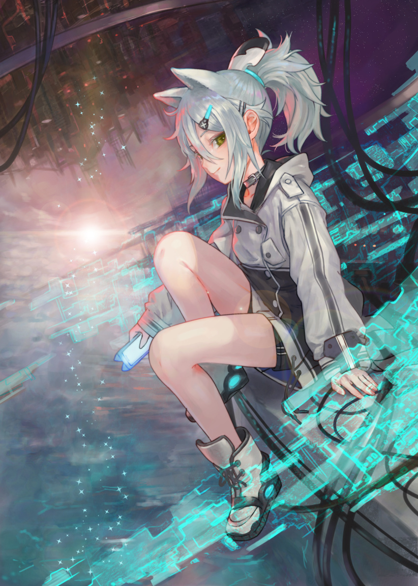 1girl animal_ears arm_support bangs black_shorts boots cellphone commentary_request eyebrows_behind_hair from_side full_body green_hair hair_between_eyes hair_ornament hairclip headgear highres holding holding_phone jacket knee_up long_sleeves looking_at_viewer looking_to_the_side mizore_akihiro original phone ponytail short_shorts shorts silver_hair sitting sleeves_past_wrists solo sparkle sunrise white_footwear white_jacket