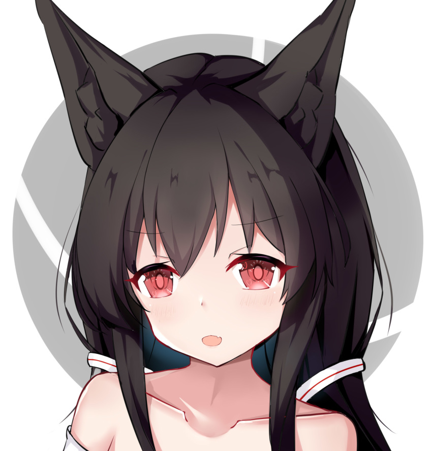 1girl :d alice_mana alice_mana_channel animal_ear_fluff animal_ears bangs bare_shoulders black_hair blush collarbone eyebrows_visible_through_hair fang fox_ears grey_background hair_between_eyes hair_ornament highres long_hair looking_at_viewer nagato-chan open_mouth red_eyes smile solo two-tone_background upper_body virtual_youtuber white_background