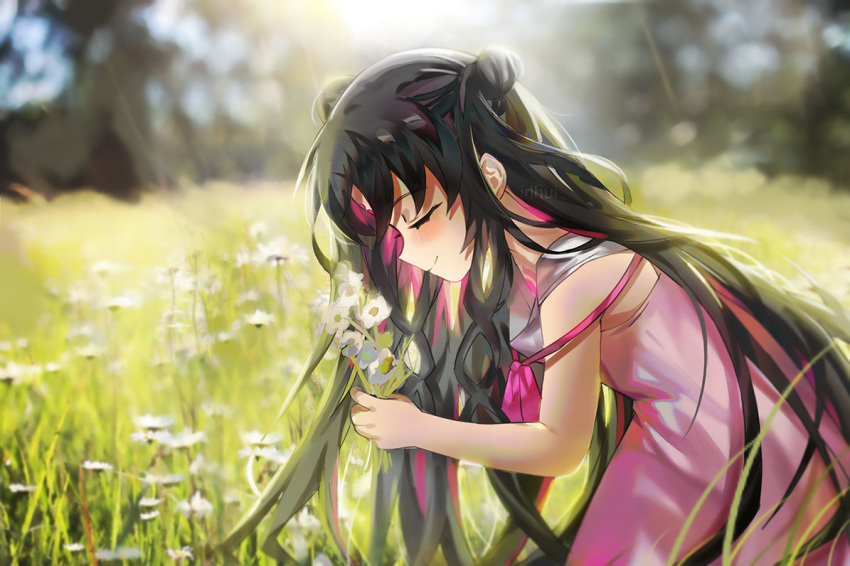 1girl bangs bare_shoulders black_hair blush breasts chest_tattoo closed_eyes double_bun dress_swimsuit facial_mark fate/grand_order fate_(series) field flower flower_field forehead_mark irlhui long_hair multicolored_hair parted_bangs pink_hair pink_swimsuit sesshouin_kiara sesshouin_kiara_(lily) small_breasts smile streaked_hair swimsuit tattoo very_long_hair wavy_hair