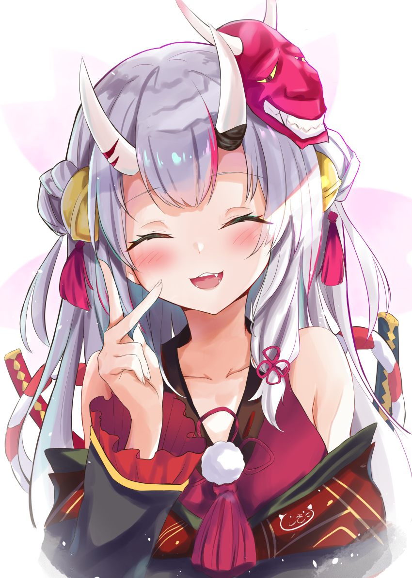 1girl absurdres bell blush collarbone detached_sleeves fangs hair_bell hair_ornament highres hololive horn_ornament horn_ribbon horns japanese_clothes mask mask_on_head nakiri_ayame oni open_mouth ribbon silver_hair smile solo sword toshizou_(0714) upper_body v virtual_youtuber weapon