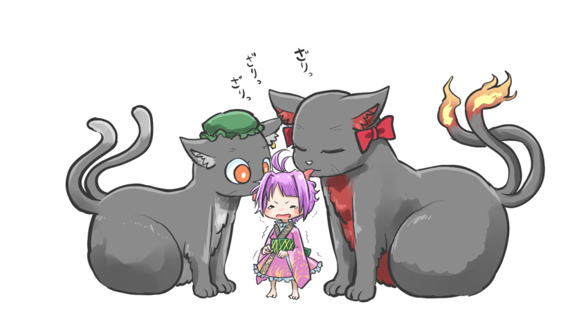 3girls ahoge animal_ear_fluff animal_ears barefoot black_fur blush bow cat cat_ears cat_tail chamaji chen chen_(cat) closed_eyes commentary_request crying fiery_tail fire frills full_body hat highres japanese_clothes jewelry kaenbyou_rin kaenbyou_rin_(cat) kimono licking long_sleeves minigirl mob_cap multiple_girls multiple_tails nekomata obi orange_eyes purple_hair sash short_hair simple_background single_earring sitting sukuna_shinmyoumaru tail tongue tongue_out touhou translation_request trembling white_background wide_sleeves