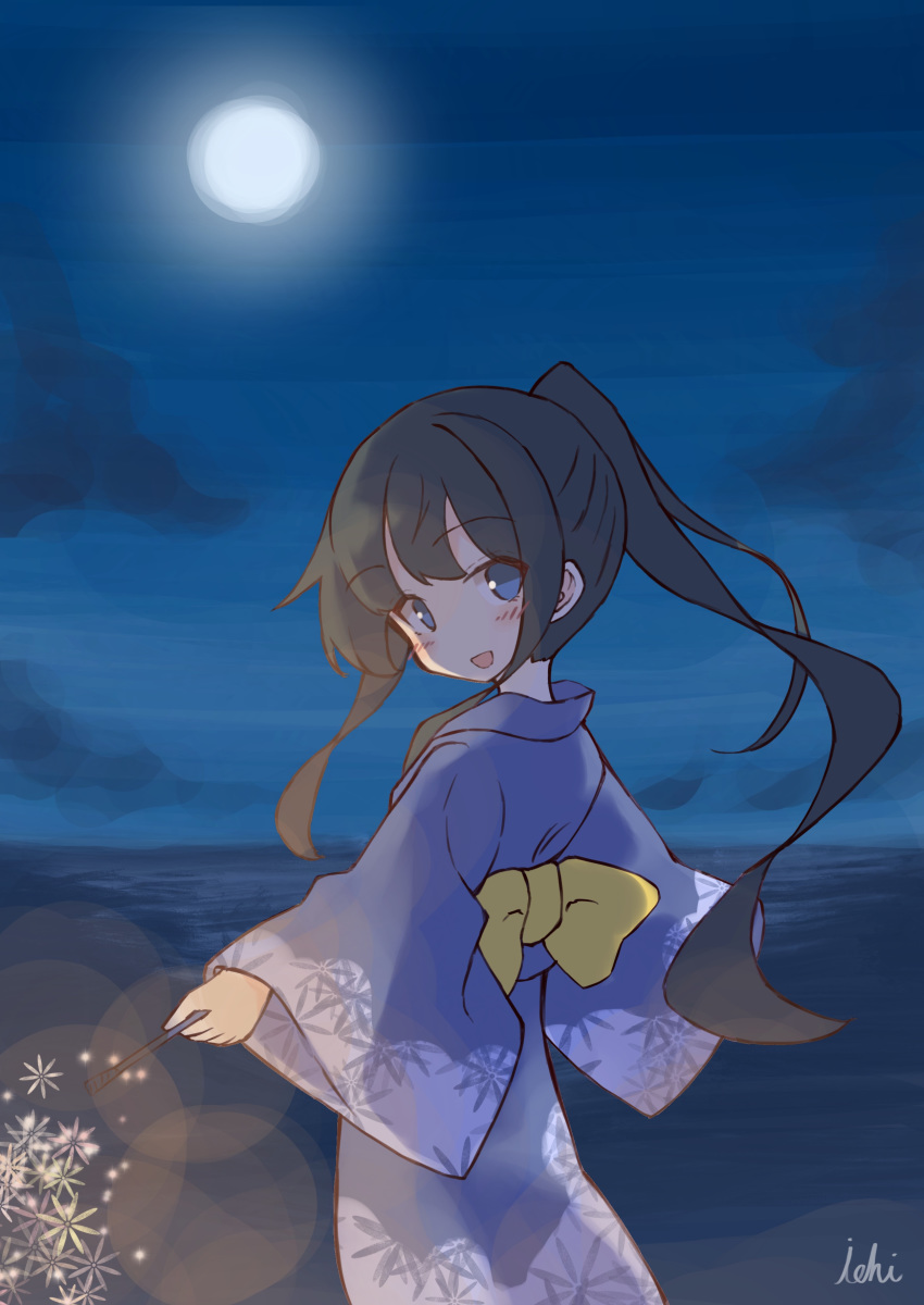 1girl :d absurdres alternate_costume asashio_(kantai_collection) bangs black_hair blue_eyes blue_kimono blush bow clouds commentary_request eyebrows_visible_through_hair fireworks floral_print full_moon highres holding horizon ichi japanese_clothes kantai_collection kimono long_hair long_sleeves looking_at_viewer looking_back moon night night_sky ocean open_mouth outdoors ponytail print_kimono sidelocks signature sky sleeves_past_wrists smile solo sparkler standing very_long_hair water wide_sleeves yellow_bow
