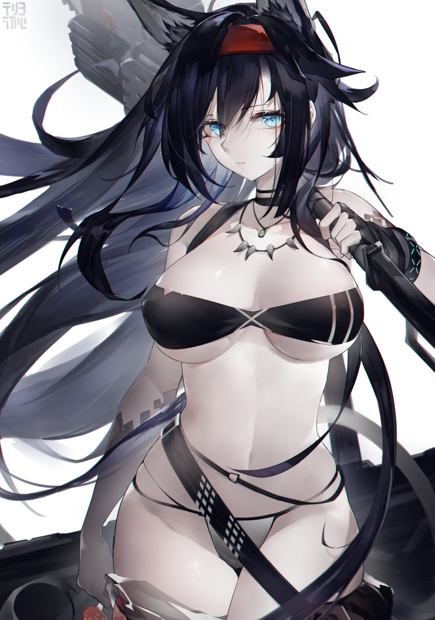 1girl absurdres animal_ears arknights bandeau bangs bare_shoulders bikini black_choker black_gloves black_hair blaze_(arknights) blue_eyes breasts cat_ears chinese_commentary choker commentary_request cowboy_shot gloves hairband highres holding holding_weapon jewelry large_breasts long_hair looking_at_viewer mismatched_bikini navel necklace over_shoulder red_hairband simple_background solo standing stomach strapless strapless_bikini swimsuit thighs tubetop very_long_hair weapon weapon_over_shoulder white_background yushi_ketsalkoatl
