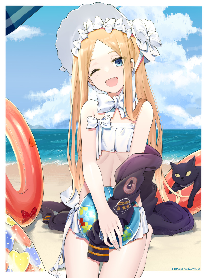 1girl abigail_williams_(fate/grand_order) abigail_williams_(swimsuit_foreigner)_(fate) absurdres ball bangs bare_shoulders beach beachball bikini black_cat black_jacket blonde_hair blue_eyes blush bonnet bow breasts cat fate/grand_order fate_(series) forehead hair_bow highres innertube jacket long_hair looking_at_viewer makise_medaka miniskirt ocean off_shoulder one_eye_closed open_clothes open_jacket open_mouth parted_bangs seiza shore sidelocks sitting skirt small_breasts smile swimsuit thighs twintails very_long_hair white_bikini white_bow white_headwear
