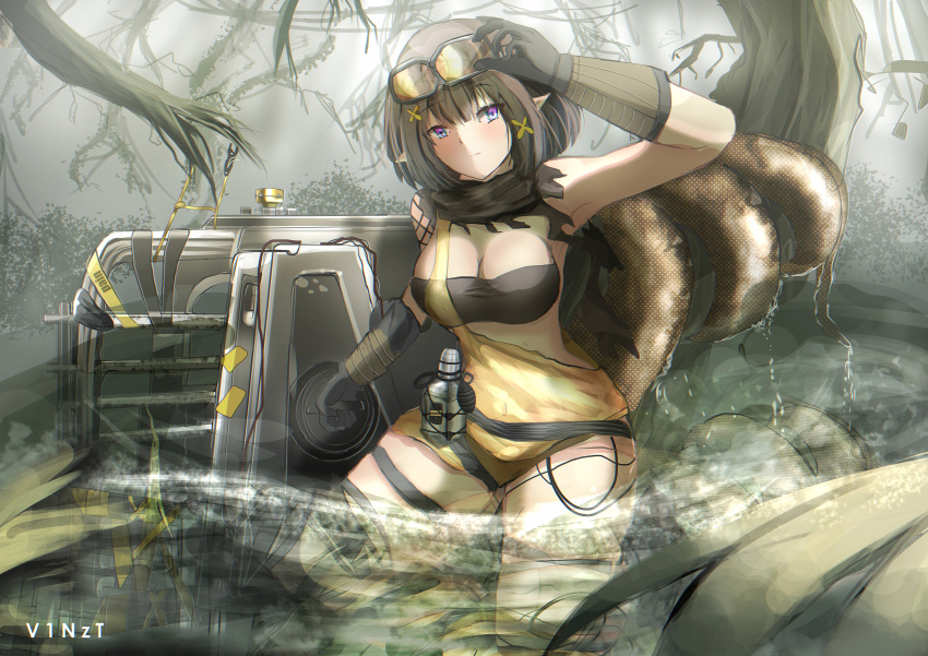 1girl absurdres arknights arm_up armpits artist_name bandeau bangs bare_shoulders black_gloves black_hair black_scarf blue_eyes breasts commentary eunectes_(arknights) eyebrows_visible_through_hair gloves goggles goggles_on_head highres large_breasts looking_at_viewer pointy_ears scarf short_hair snake_tail solo strapless tail thigh_strap thighs tubetop vinzt