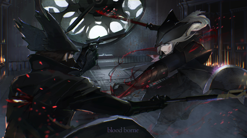 1boy 1girl ascot axe black_headwear blonde_hair blood blood_on_face bloodborne bloody_weapon brown_cloak brown_gloves cal_(calcalpoi) cape cloak clock clock_tower commentary_request copyright_name from_behind gloves gun hat hat_feather highres holding holding_gun holding_weapon hunter_(bloodborne) impaled indoors jewelry lady_maria_of_the_astral_clocktower long_hair looking_at_another looking_at_viewer mask mouth_mask necklace ponytail rakuyo_(bloodborne) scenery short_hair smile sword the_old_hunters tower tricorne weapon