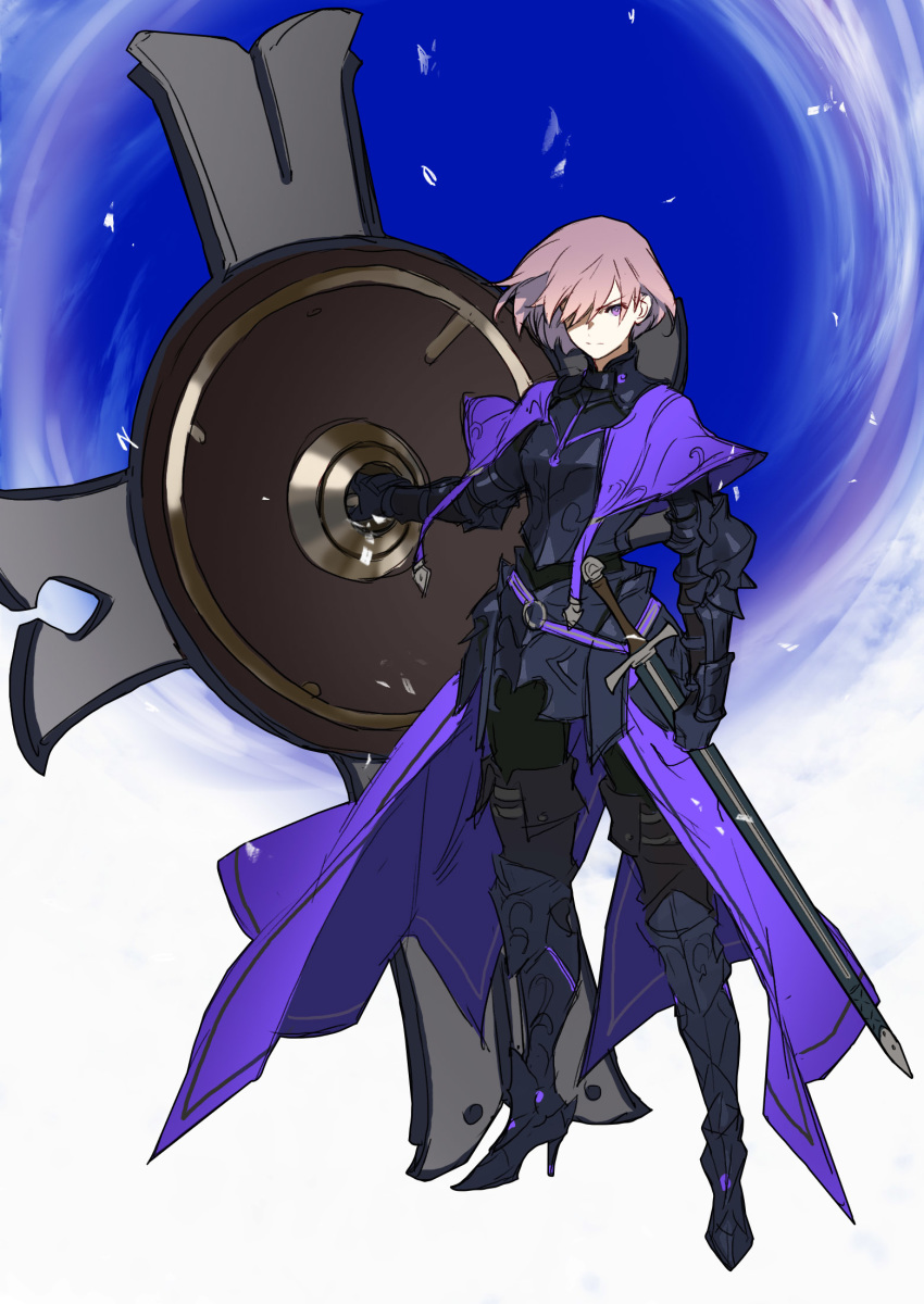 1girl armor black_armor cape closed_mouth commentary_request eyebrows_visible_through_hair fate/grand_order fate_(series) full_body galahad_(fate) hair_over_one_eye highres holding holding_shield holding_weapon knight looking_at_viewer mash_kyrielight pink_hair purple_cape sheath sheathed shield short_hair solo sword violet_eyes weapon yarr