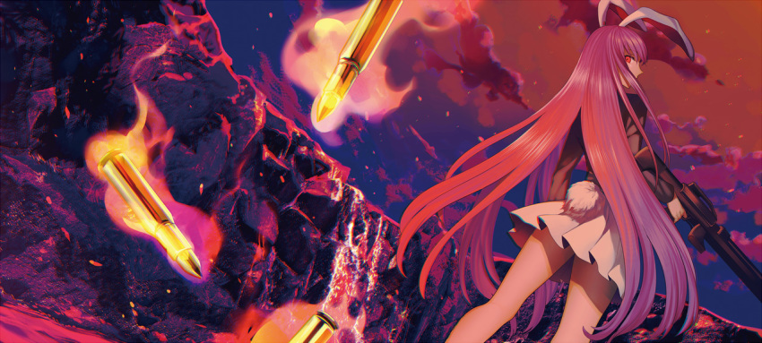 1girl animal_ears black_shirt bullet bunny_tail cheat-nu clouds from_behind long_hair looking_back purple_hair rabbit_ears red_eyes reisen_udongein_inaba shirt skirt sky tagme tail touhou very_long_hair weapon white_skirt