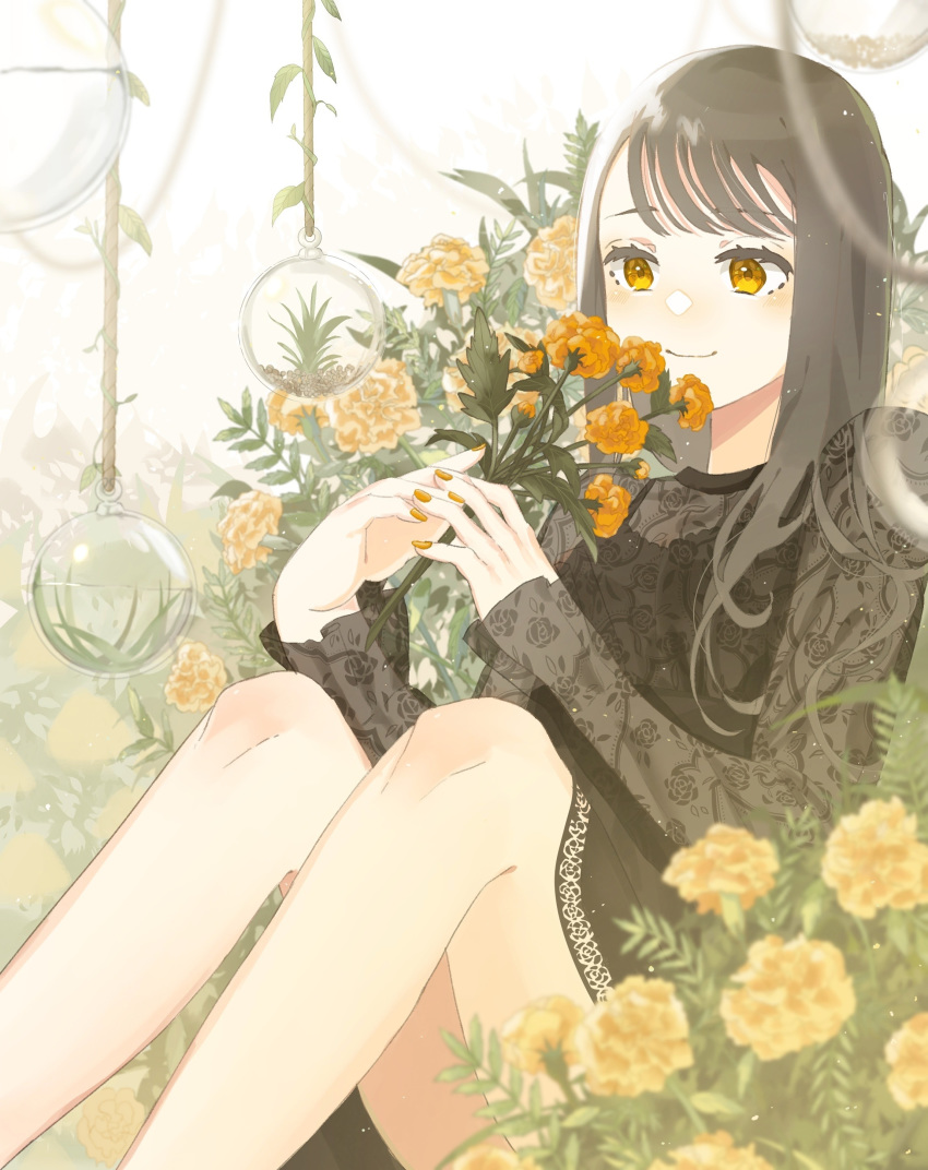 1girl absurdres black_shirt brown_eyes brown_hair flower highres holding holding_flower knees_up marigold orange_nails original ornament shirt sitting solo un_(un0044)