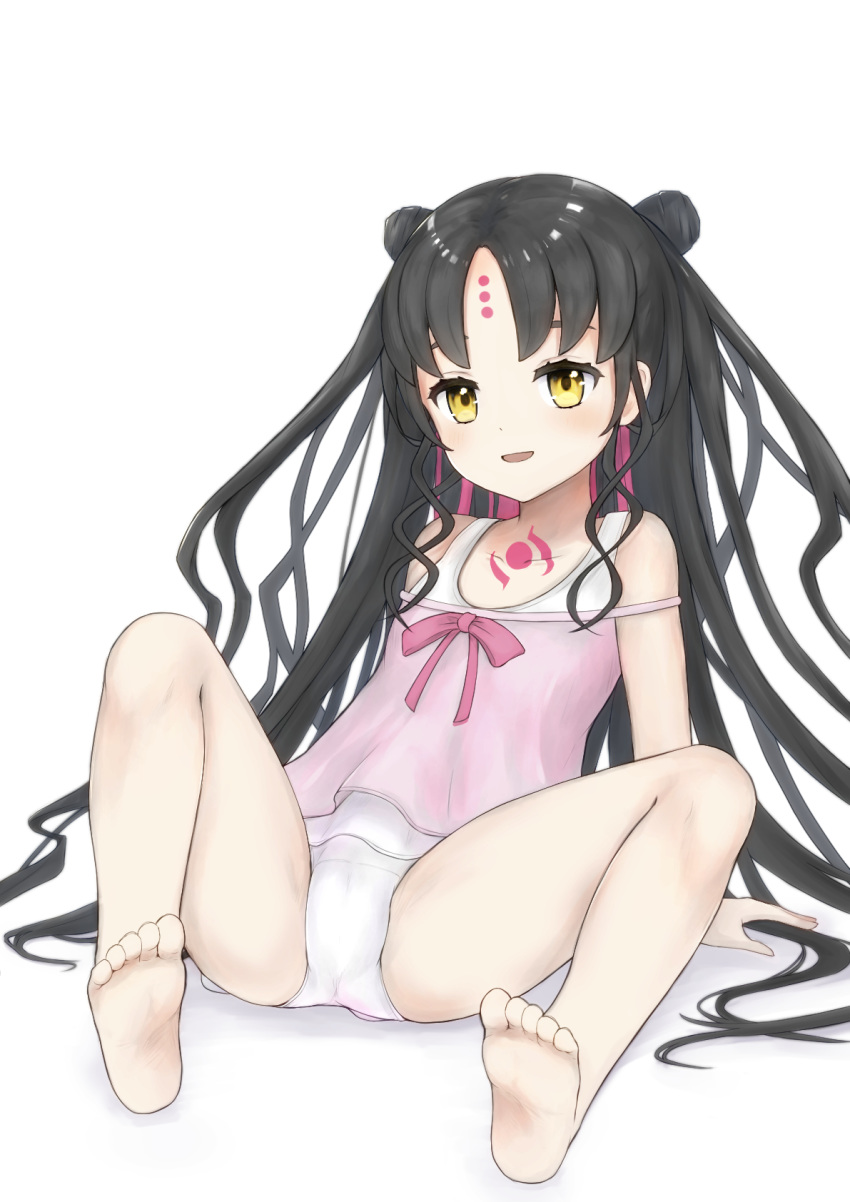 1girl arm_support arms_behind_back ass barefoot black_hair brown_eyes camisole casual_one-piece_swimsuit commentary_request double_bun facial_mark fate/grand_order fate_(series) feet forehead_mark hair_bun highres knees_up leaning_back legs long_hair looking_at_viewer matsu_hikari no_pants one-piece_swimsuit open_mouth pink_camisole sesshouin_kiara_(lily) simple_background sitting smile soles solo spread_legs swimsuit swimsuit_under_clothes thighs toes very_long_hair white_background white_swimsuit