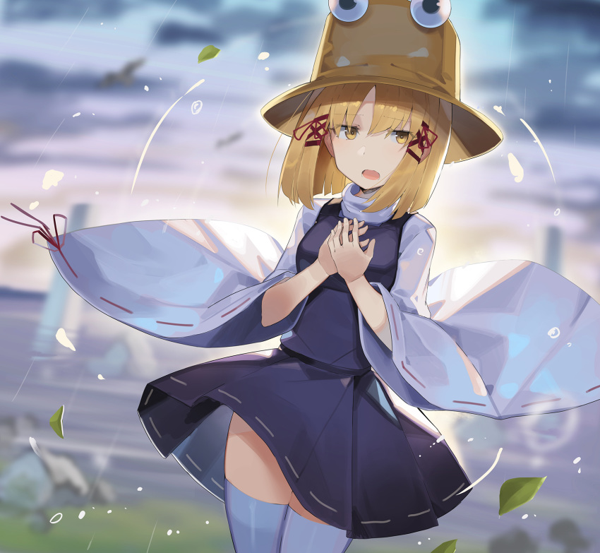 1girl blonde_hair commentary_request cowboy_shot dutch_angle hair_ribbon hat highres leaf looking_at_viewer moriya_suwako open_mouth purple_skirt purple_vest rain red_ribbon ribbon ribbon-trimmed_sleeves ribbon_trim rin_falcon skirt solo thigh-highs touhou tress_ribbon vest water white_legwear wide_sleeves yellow_eyes
