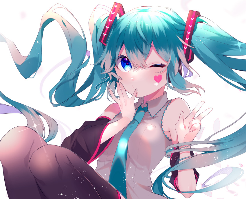 1girl aqua_hair bangs bare_shoulders between_breasts black_legwear black_sleeves blue_eyes blue_neckwear blush breasts cha_sakura closed_mouth collared_shirt commentary_request detached_sleeves eyebrows_visible_through_hair facial_mark hair_between_eyes hair_ornament hands_up hatsune_miku heart highres knees_up long_hair long_sleeves looking_at_viewer necktie necktie_between_breasts one_eye_closed petals shirt simple_background sleeveless sleeveless_shirt small_breasts solo sparkle thigh-highs twintails very_long_hair vocaloid w white_background white_shirt wide_sleeves