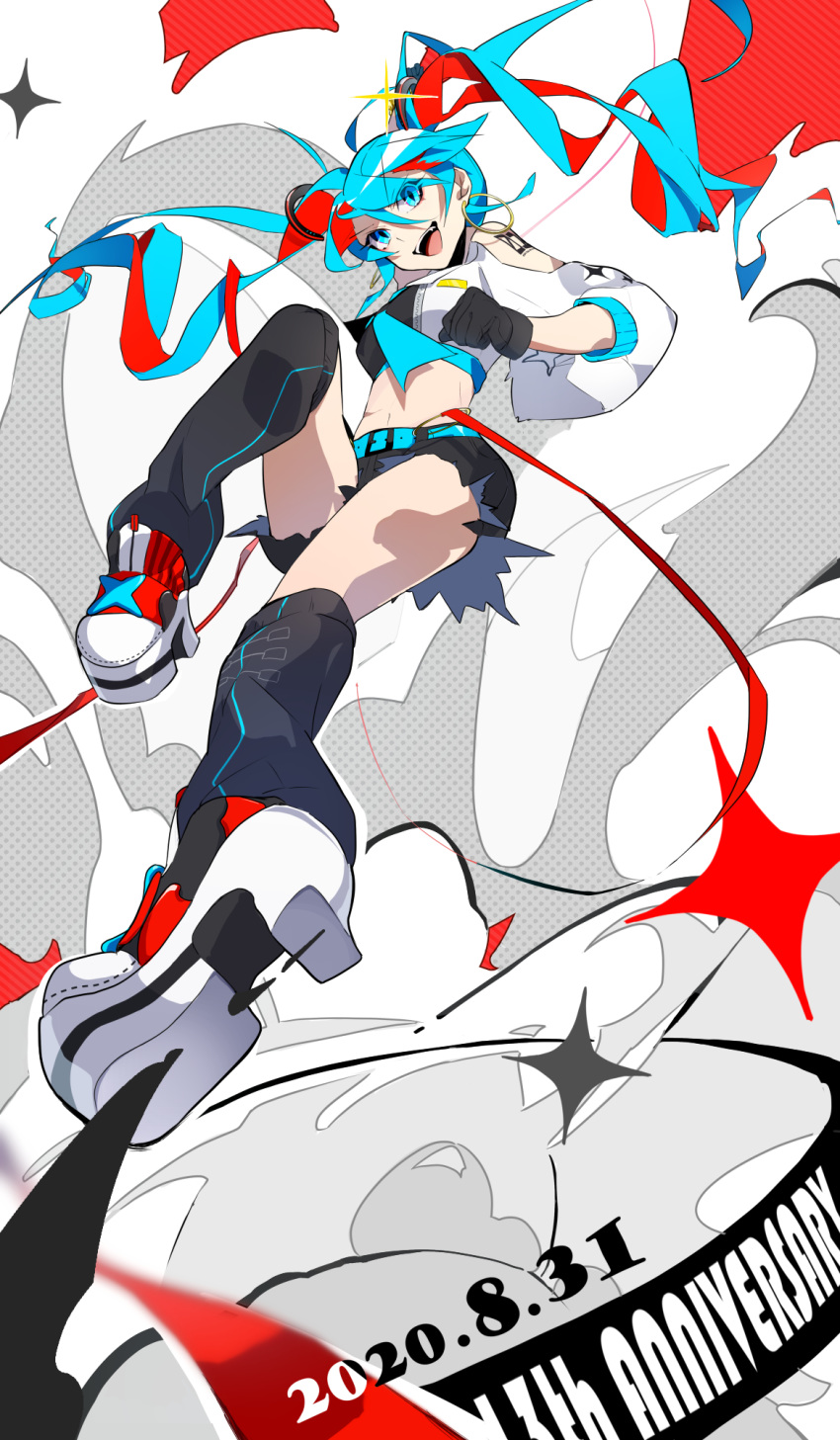 1girl anniversary black_gloves blue_eyes blue_hair breasts clenched_hand crop_top dated eyebrows_visible_through_hair from_below gloves hatsune_miku highres kikori70796699 looking_down midriff navel open_mouth short_shorts shorts small_breasts solo twintails v-shaped_eyebrows vocaloid