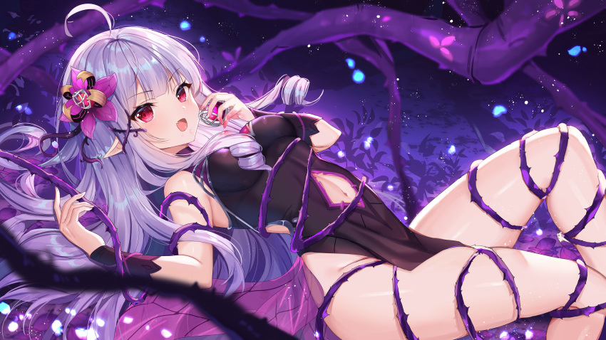 1girl :d absurdres ahoge armpits bare_legs bare_shoulders black_dress breasts character_request china_dress chinese_clothes curly_hair dress fang flower gejigejier groin hair_flower hair_ornament highres holding honkai_(series) honkai_impact_3rd huge_filesize long_hair looking_at_viewer lying medium_breasts nail_polish navel navel_cutout no_panties on_back open_mouth pelvic_curtain plant pointy_ears purple_theme red_eyes side_cutout sidelocks silver_hair sleeveless sleeveless_dress smile solo thighs vines