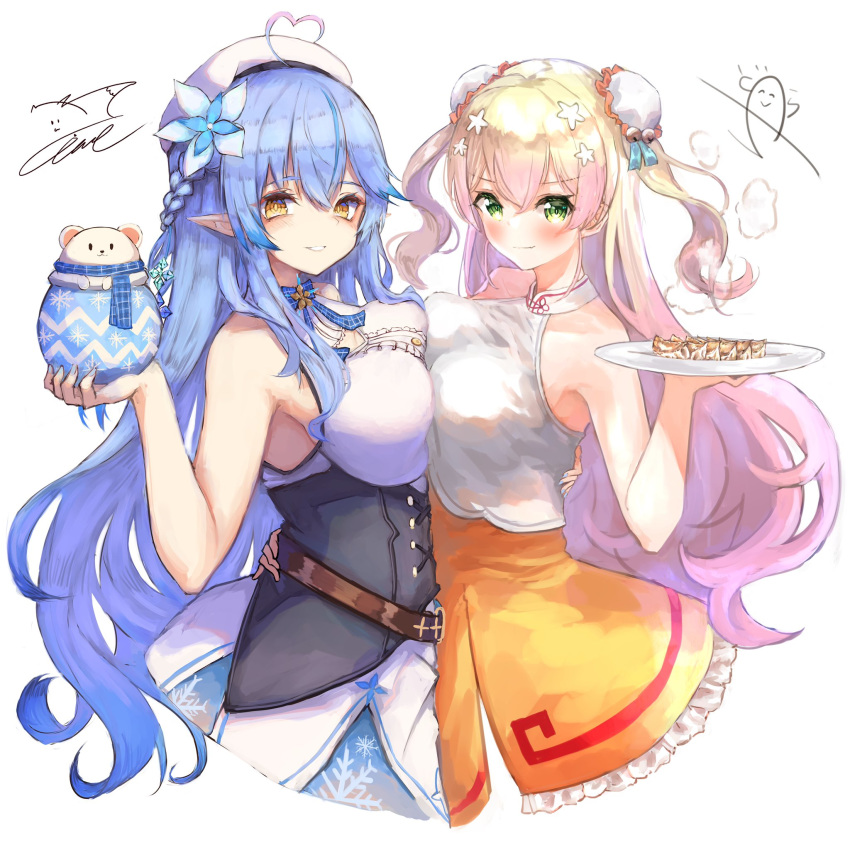 2girls ahoge bangs bare_shoulders beret blonde_hair blue_hair blush breast_press breasts bun_cover daifuku_(lamy_channel) double_bun dumpling elf eyebrows_visible_through_hair flower food green_eyes hair_between_eyes hair_flower hair_ornament hat highres holding hololive hug inre_kemomimi jiaozi large_breasts long_hair looking_at_viewer momosuzu_nene multicolored_hair multiple_girls pink_hair pointy_ears smile symmetrical_docking virtual_youtuber yellow_eyes yukihana_lamy