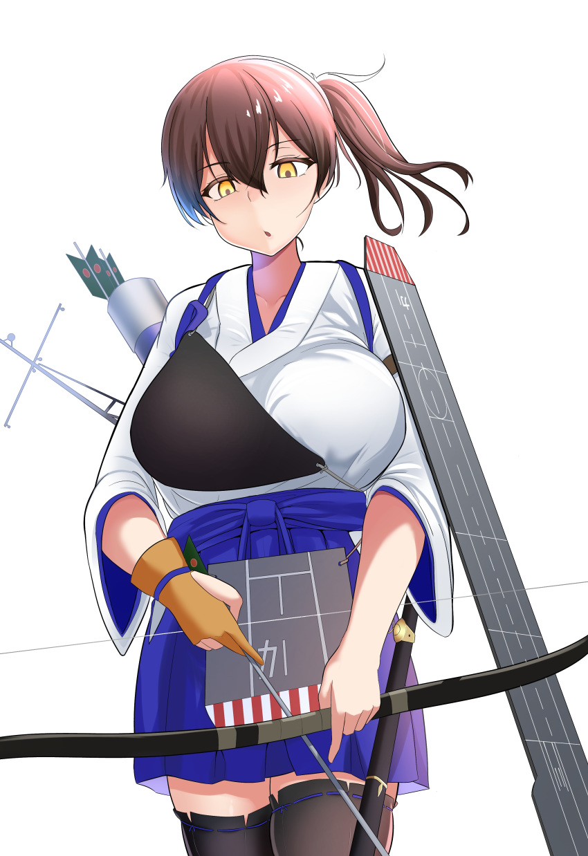1girl absurdres arrow_(projectile) black_legwear blue_hakama bow_(weapon) breasts brown_eyes brown_hair cowboy_shot flight_deck gloves hakama hakama_skirt highres holding holding_bow_(weapon) holding_weapon japanese_clothes kaga_(kantai_collection) kantai_collection large_breasts long_hair muneate partly_fingerless_gloves remodel_(kantai_collection) short_sidetail side_ponytail simple_background single_glove solo standing tasuki thigh-highs user_wkgs2522 weapon white_background yugake yumi_(bow)