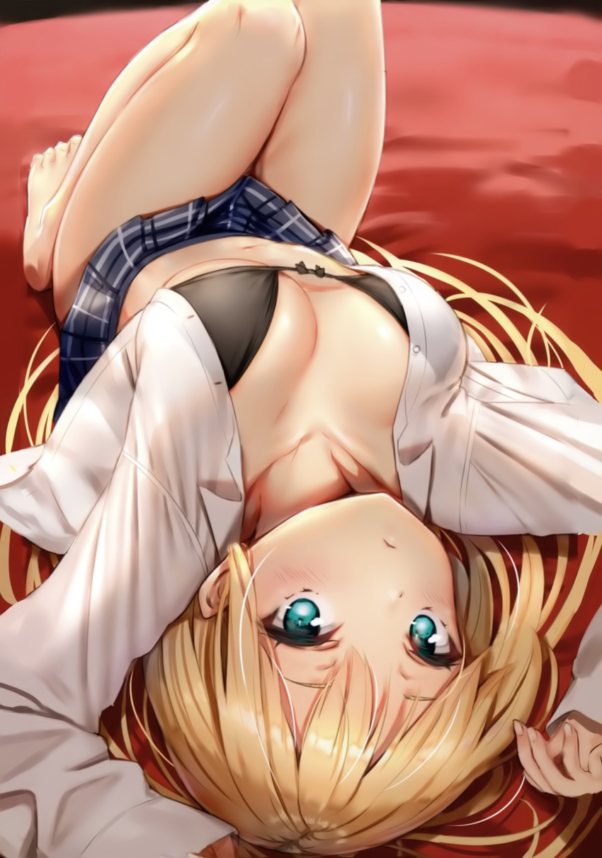 1girl absurdres arms_up bangs bare_legs barefoot black_bra blonde_hair blue_eyes blue_skirt blurry blurry_background blush bow bow_bra bra breasts closed_mouth collarbone collared_shirt depth_of_field dress_shirt fingernails highres knees_up long_hair long_sleeves looking_at_viewer lying navel non-web_source on_back open_clothes open_shirt original pleated_skirt reinama scan school_uniform shirt skirt sleeves_past_wrists small_breasts solo toenails underwear upside-down very_long_hair white_shirt