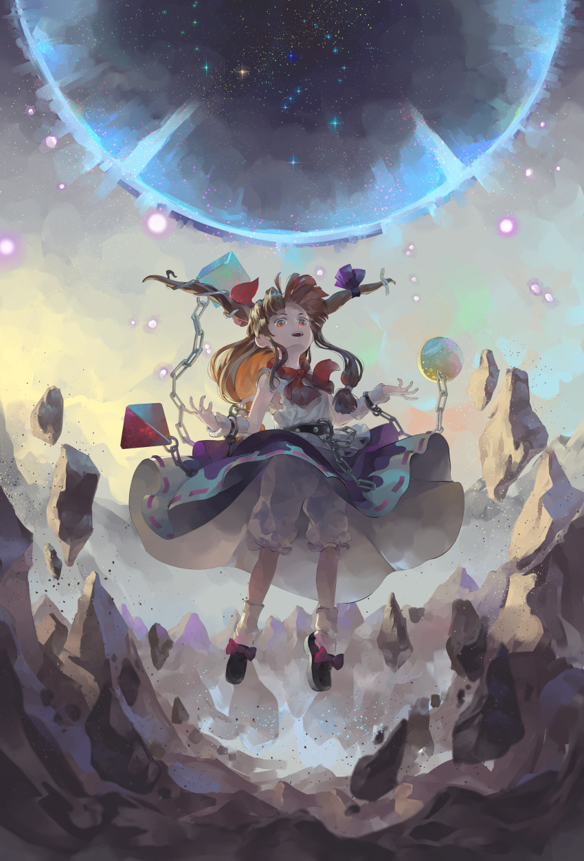 1girl absurdres ankle_socks arms_up black_footwear black_hole bloomers bow bowtie chain clouds cloudy_sky cube cuffs danmaku debris destruction english_commentary floating floating_hair head_tilt highres horn_ornament horn_ribbon horns ibuki_suika long_hair looking_at_viewer low-tied_long_hair mixed-language_commentary open_mouth orange_eyes orange_hair purple_skirt pyramid_(geometry) red_neckwear ribbon riki6 rock shackles shirt skirt sky sleeveless sleeveless_shirt solo sphere touhou underwear very_long_hair white_legwear white_shirt