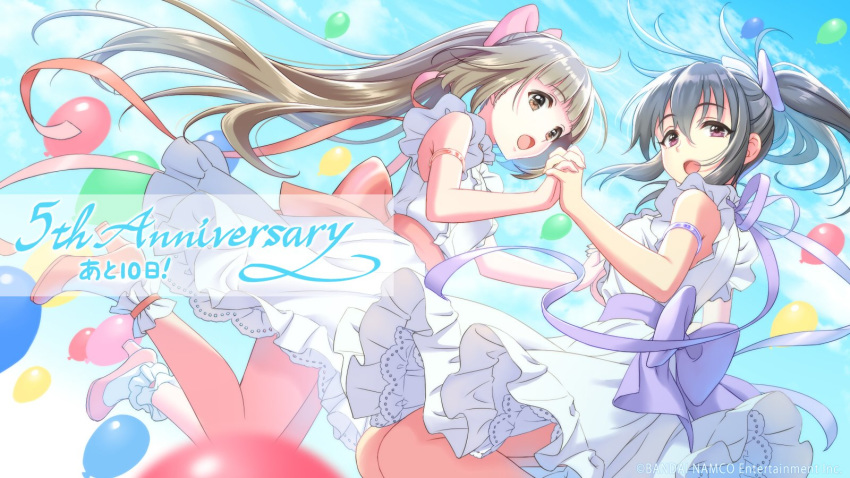 2girls ankle_cuffs anniversary armlet artist_request back_bow balloon bangs black_hair blue_sky blunt_bangs bow brown_eyes brown_hair commentary_request countdown dress eyebrows_visible_through_hair frilled_dress frills fujiwara_hajime hair_bow high_heels highres holding_hands idolmaster idolmaster_cinderella_girls idolmaster_cinderella_girls_starlight_stage interlocked_fingers long_hair looking_at_viewer multiple_girls official_art open_mouth outdoors ponytail sanshi_suimei short_sleeves sidelocks sky smile very_long_hair violet_eyes white_dress yorita_yoshino
