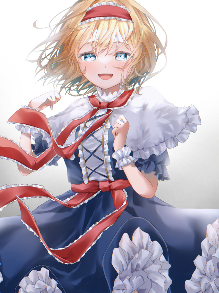 1girl :d alice_margatroid bangs blonde_hair blue_dress blue_eyes capelet cross-laced_clothes dress frilled_dress frilled_hairband frills furawast gradient gradient_background hairband highres lolita_hairband looking_at_viewer open_mouth red_hairband short_hair short_sleeves smile solo standing touhou white_background white_capelet wrist_cuffs