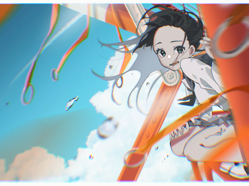 1girl black_hair blue_eyes blue_sky clouds day droplet highres long_hair looking_at_viewer open_mouth original outdoors school_uniform shirt sky solo steel_beam un_(un0044) white_shirt